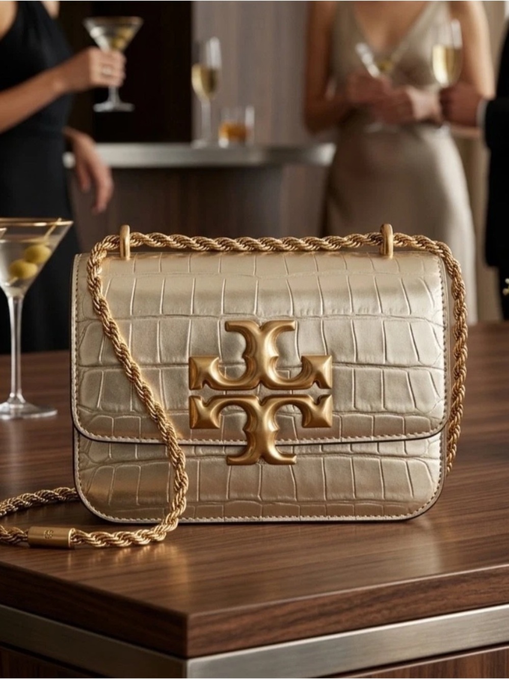 NWD Tory Burch Eleanor Champagne Croc-Embossed Crossbody Shoulder Bag